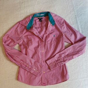 american eagle pink pinstripe long sleeve fitted button down shirt
